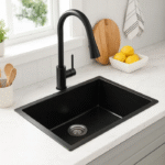 Cuba de Quartzo 680x450x200mm Preta com sifao e valvula (R)