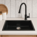 Cuba de Quartzo 750x450x210mm Preta com sifao e valvula (R)