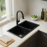 Cuba de Quartzo Dupla 780x450x200mm Preta com sifao e valvula (R)