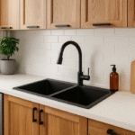 Cuba de Quartzo Dupla 860x460x225mm Preta com sifao e valvula (R)